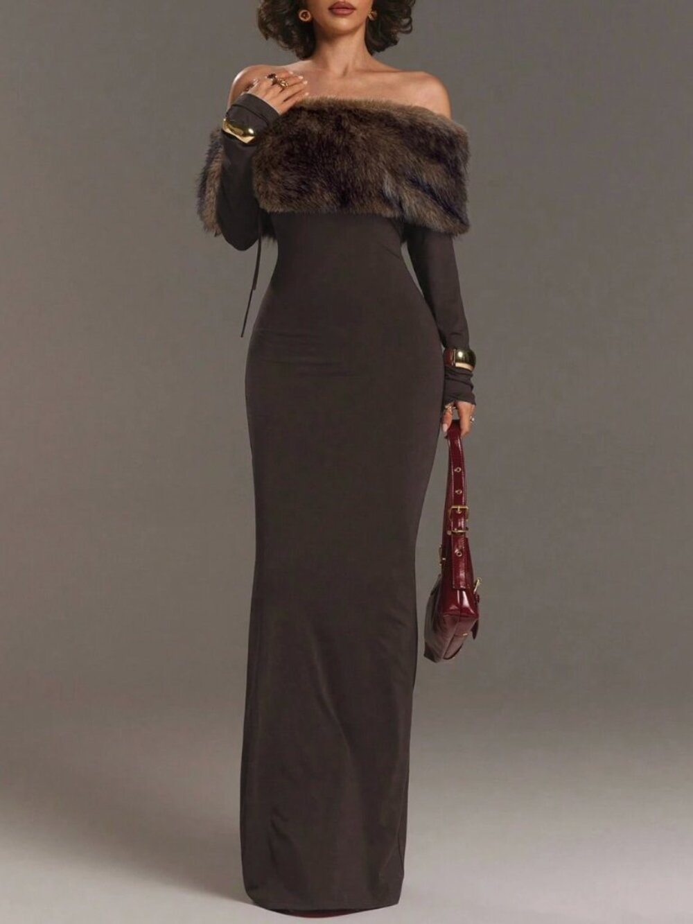 Furry Off Shoulder Maxi Long Sleeve Dress – Size [ S ]